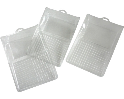 Tre transparenta färgtråg av plast med upphängningshål