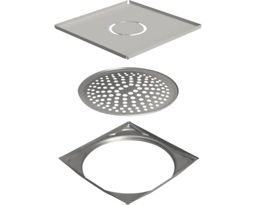 Klinkerram PURUS Square 148 Tile insert 14,8x14,8cm rostfri matt 7130171 Ovanifrånvy av ett golvbrunn med fyrkantigt lock, sil och underdel