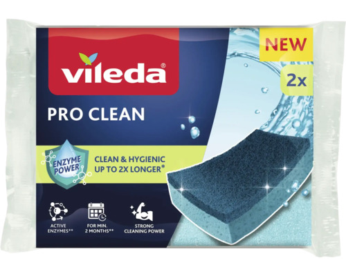 Vileda Logo, rengöringssvamp Pro Clean tvåpack med aktiva enzymer för långvarig hygien och stark rengöringskraft.