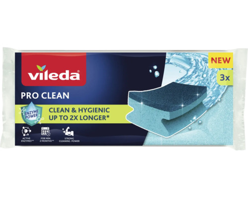 Vileda Pro Clean disksvamp i trepack med aktiva enzymer för långvarig hygien och stark rengöringskraft.