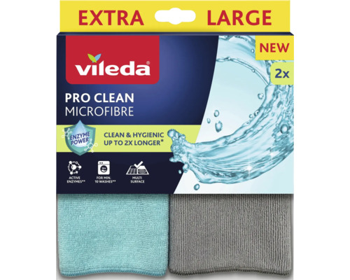 Vileda Pro Clean mikrofiberduk set, 2 stycken, Extra Large, Vileda Logo, för flera ytor, med aktiva enzymer, tvättbar minst 10 gånger.