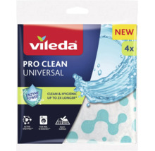 Vileda Logo. Pro Clean Universal rengöringsdukar för flera ytor, 4 stycken per förpackning, med enzymer, tvättbara.