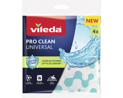Vileda Logo. Pro Clean Universal rengöringsdukar för flera ytor, 4 stycken per förpackning, med enzymer, tvättbara.
