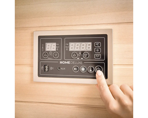 Kontrollpanel för en Home Deluxe bastu med digital display och kontrollelement