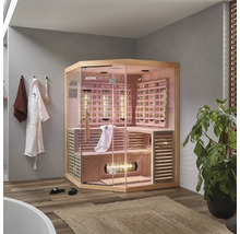 Hörnformad Home Deluxe infraröd bastu med glasdörr och träpanel i badrummet