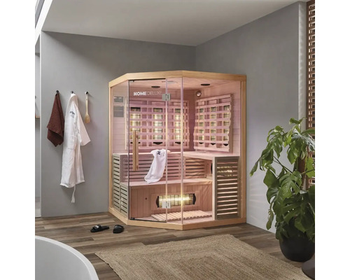 Hörnformad Home Deluxe infraröd bastu med glasdörr och träpanel i badrummet