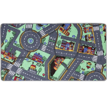 Lekmatta med gatumönster, byggnader och trafikskyltar