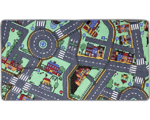 Lekmatta med gatumönster, byggnader och trafikskyltar