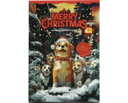 Dogman adventskalender med hundillustrationer och texten 'Have a Very Furry Christmas'