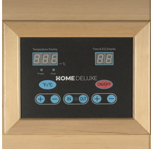 Kontrollpanel för en Home Deluxe bastu med temperaturvisning, tidsvisning och kontrollelement