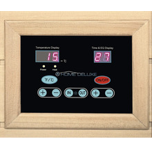 Kontrollpanel för bastu med temperaturvisning, timer och Home Deluxe-logotyp