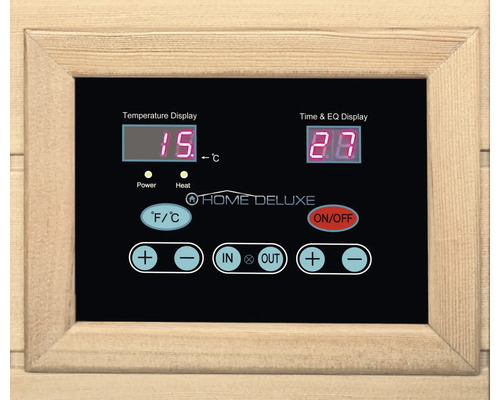 Kontrollpanel för bastu med temperaturvisning, timer och Home Deluxe-logotyp