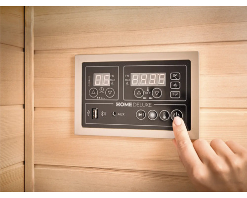 Kontrollpanel för en Home Deluxe bastu med digital display och olika kontrollelement