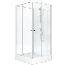 Duschkabin med glasväggar och armaturer