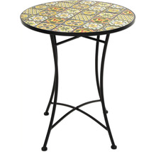 Runt bistrobord med mosaikmönster på bordsskivan och metallram