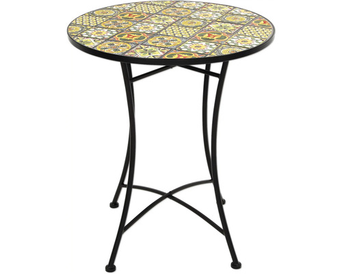 Runt bistrobord med mosaikmönster på bordsskivan och metallram