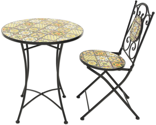 Trädgårdsbord och stol med mosaikmönster