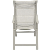 Trädgårdsfåtölj av aluminium och textil bakifrån