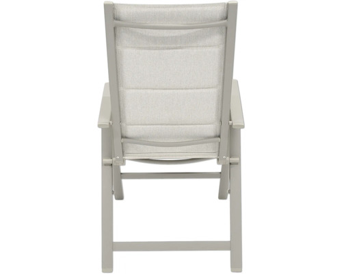 Trädgårdsfåtölj av aluminium och textil bakifrån