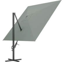 Rektangulärt parasoll med sidomonterad stolpe och bas.