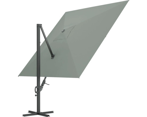 Rektangulärt parasoll med sidomonterad stolpe och bas.