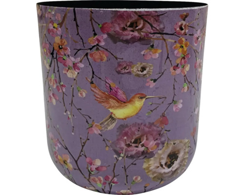Blomkruka fåglar metall Ø15x16cm lila Dekorativ behållare med blom- och fågelmönster