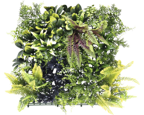 Konstgjord växtvägg med olika gröna växter