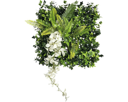 Konstgjord växtpanel med ormbunke och vita blommor