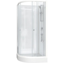 Duschkabin med duschmunstycke och transparenta glasdörrar