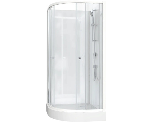 Duschkabin med duschmunstycke och transparenta glasdörrar