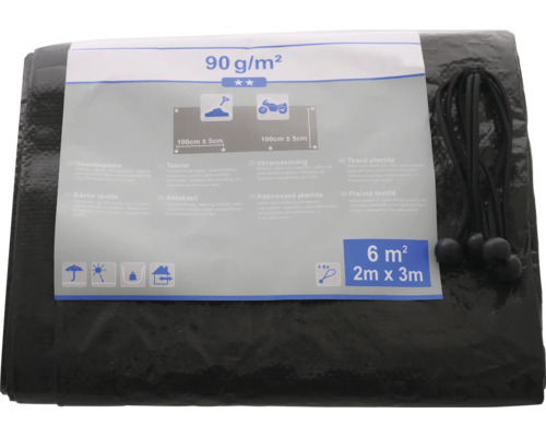 Svart presenning med en storlek på 2 gånger 3 meter och en vikt på 90 gram per kvadratmeter.