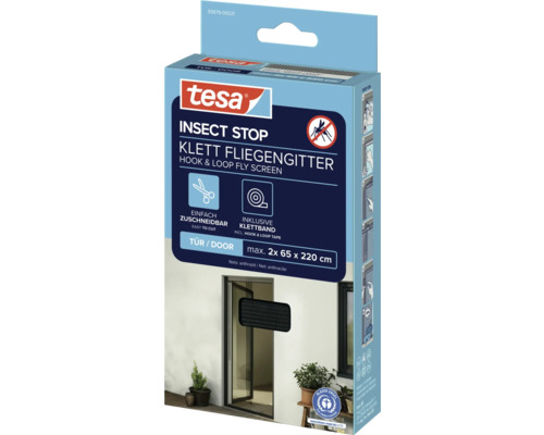 Förpackning med Tesa Insect Stop kardborreband för insektsnät för dörrar med måtten maximalt 2x 65 x 220 cm