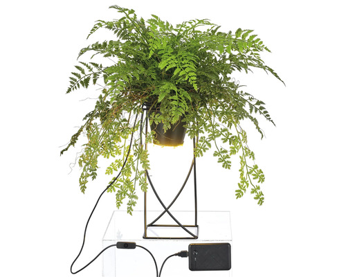 Konstgjord ormbunke i kruka på metallstativ med elanslutning