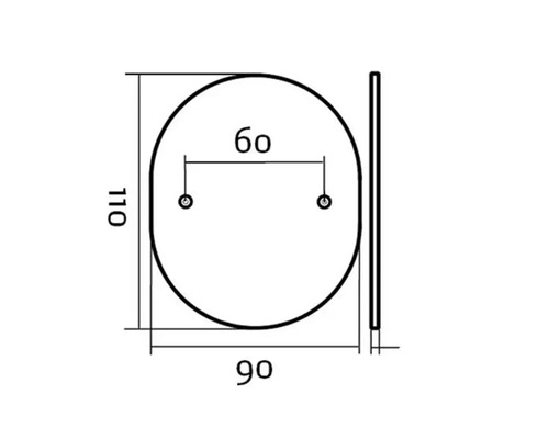 Teknisk ritning av en oval platta med måtten 110 x 90 x 60 mm.