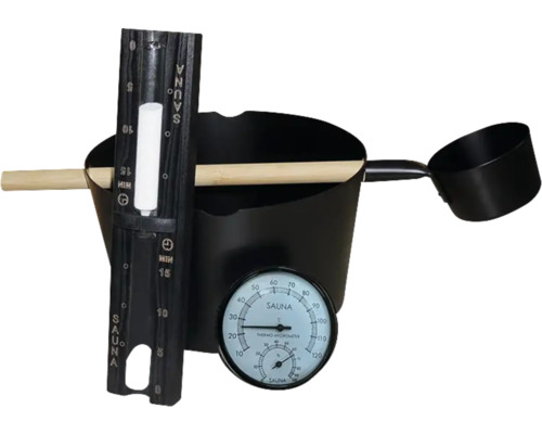 Bastu set med hink, skopa, termo-hygrometer och tillsatsbehållare för bad
