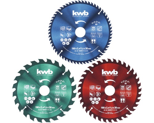 Tre KWB cirkelsågklingor med olika antal tänder