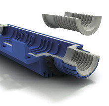 Tvärsnitt av en blå och grå takrännekontakt