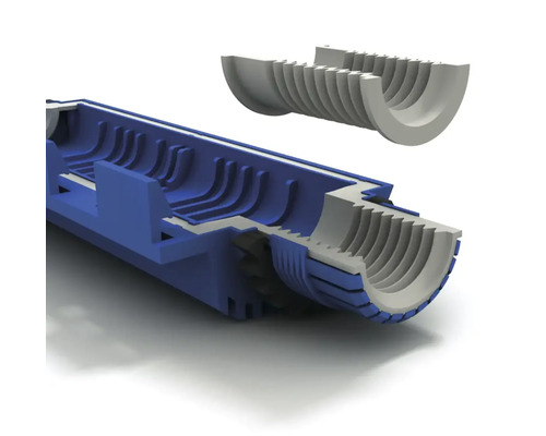 Tvärsnitt av en blå och grå takrännekontakt