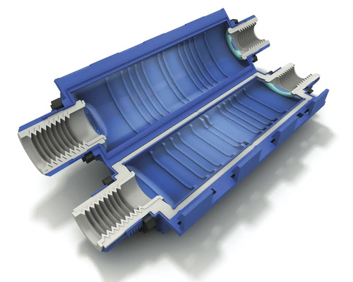 Tvärsnitt av en blå rörkoppling med gängade ändar