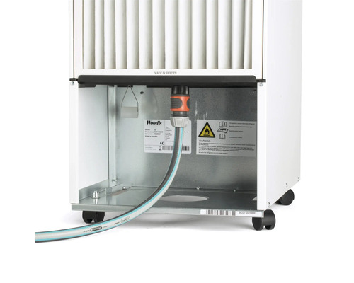 Baksida av en luftavfuktare med slanganslutning och markeringen Made in Sweden.