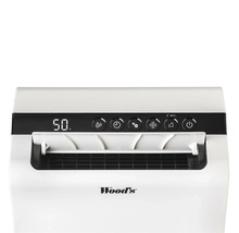 Övre delen av en luftavfuktare med display, knappar och Wood's logotyp