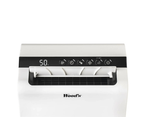 Övre delen av en luftavfuktare med display, knappar och Wood's logotyp