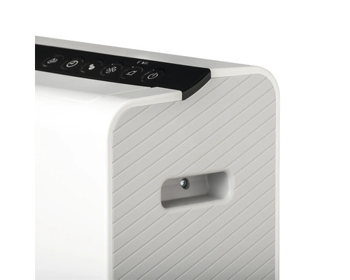 Detaljvy av en luftrenare med kontrollpanel och bärhandtag