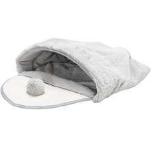 Grå plyschkattsäng med tofs