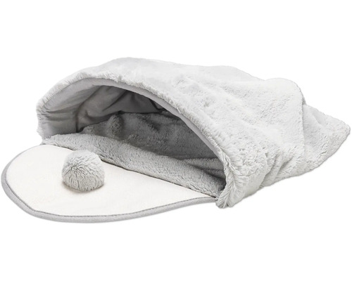 Grå plyschkattsäng med tofs