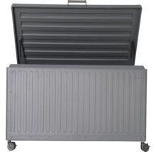 Öppen grå redskapslåda med hjul