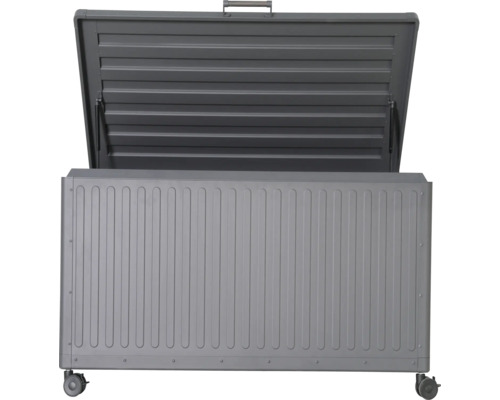 Öppen grå redskapslåda med hjul