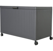 Grå förvaringslåda av metall med hjul och handtag på locket