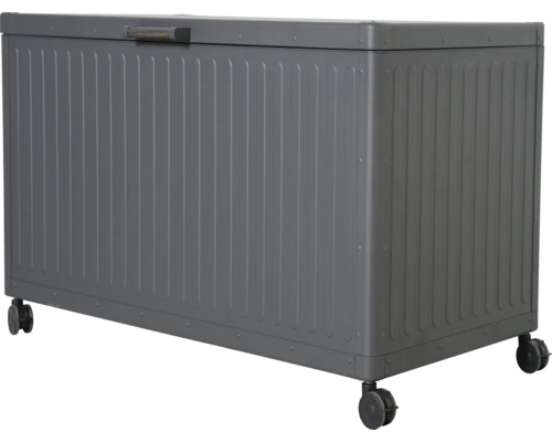 Grå förvaringslåda av metall med hjul och handtag på locket