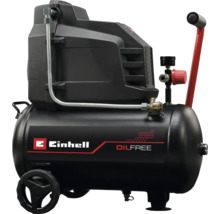 En svart, oljefri Einhell kompressor med hjul och rött handtag.